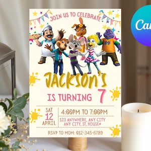 Puede incluir: Una invitación de cumpleaños con personajes de dibujos animados. La invitación dice "Únete a nosotros para celebrar" y "Jackson cumple 7". La fecha y la hora están indicadas, con una RSVP a Mamá.