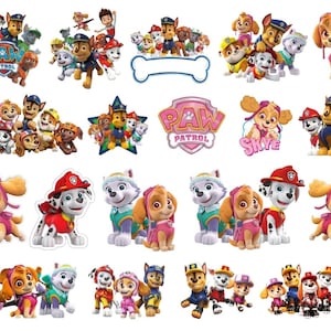Pode incluir: Uma coleção de autocolantes das personagens da Patrulha Pata com vários cães, incluindo Skye, Marshall, Chase, Everest e Rubble em diferentes poses, juntamente com o logótipo, uma moldura em forma de osso e um gráfico em estrela num fundo branco.