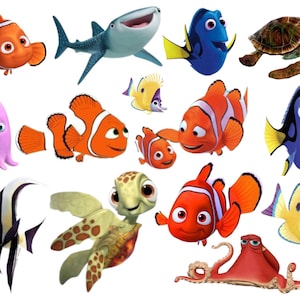 Puede incluir: Una colección de criaturas marinas animadas, incluyendo peces payaso con rayas naranjas y blancas, un pez cirujano azul, un tiburón ballena, una tortuga marina y un pulpo morado. Los personajes son de la película animada "Buscando a Nemo".