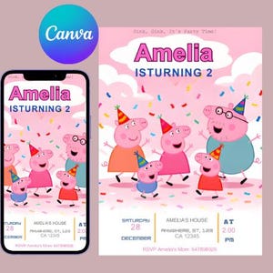 Editable Peppa Pig Birthday Invitation: Kids Birthday Party Invite, Personalized Canva Template, Digital Download