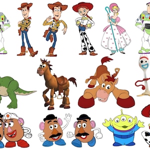 May include: A collection of cartoon character illustrations from the Toy Story franchise. Characters include Buzz Lightyear, Woody, Jessie, Rex, Mr. Potato Head, and others. The illustrations are colorful and feature distinct character designs.