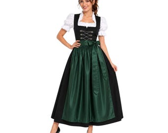 May include: A black dirndl dress featuring a white blouse with puffed sleeves, a square neckline, and a lace-up bodice with silver-toned eyelets. The dress includes a long, solid dark green apron tied at the waist over a black skirt.