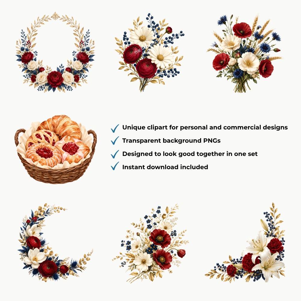 Fourth of July Floral Clipart Bundle, Patriotic Watercolor Bouquets PNG ...
