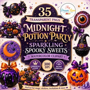 May include: A digital collection of 35 transparent PNG watercolour clipart images titled Midnight Potion Party Sparkling Spooky Sweets. The set features Halloween-themed graphics including decorated pumpkins, cookies, donuts, and candy in purple and orange.