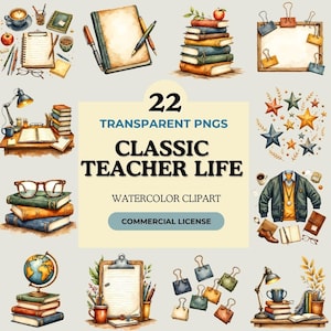 Op de afbeelding: Waterverf clipartset met diverse illustraties met school- en lerarenthema. Bevat stapels boeken, notitieboekjes, pennen, brillen, een wereldbol en de tekst "22 TRANSPARENT PNGS CLASSIC TEACHER LIFE WATERCOLOR CLIPART COMMERCIAL LICENSE".
