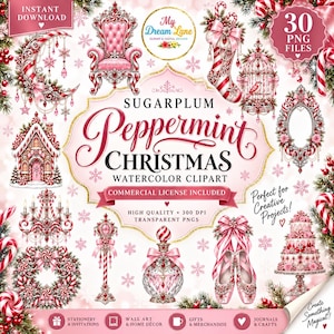 Puede incluir: Una colección digital de 30 archivos de imágenes prediseñadas en acuarela con temática navideña de Sugarplum Peppermint. Los elementos incluyen un trono rosa, una luna de bastón de caramelo, una casa de jengibre, un candelabro y zapatillas.
