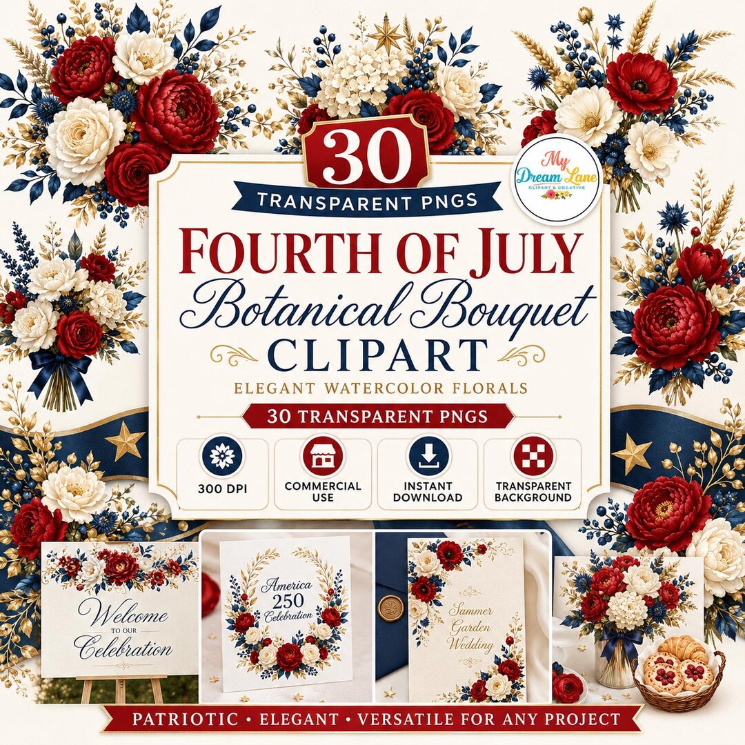 Fourth of July Floral Clipart Bundle, Patriotic Watercolor Bouquets PNG ...