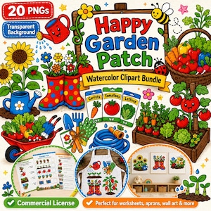 May include: A watercolor clipart bundle featuring garden-themed illustrations. Includes a sign that says "Happy Garden Patch", vegetables, gardening tools, and a white apron with garden designs. Also includes images of boots, sunflowers, and a bee. The bundle is perfect for worksheets, aprons, wall art & more.