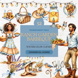 Ranch Garden Barbeque Clipart Bundle, Watercolor BBQ PNG Set, Country Picnic Party Graphics, Summer Cookout Sublimation Art Commercial Use