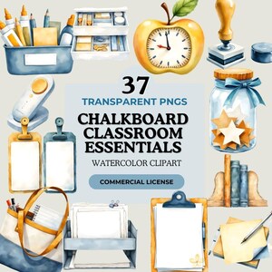 Peut inclure: Ensemble de cliparts aquarelle avec des éléments essentiels pour la classe. Comprend une horloge en forme de pomme, un bocal avec des découpes d'étoiles, un sac fourre-tout et un presse-papiers. Le texte indique "37 PNG transparents, Essentials de tableau noir, Clipart aquarelle, Licence commerciale."