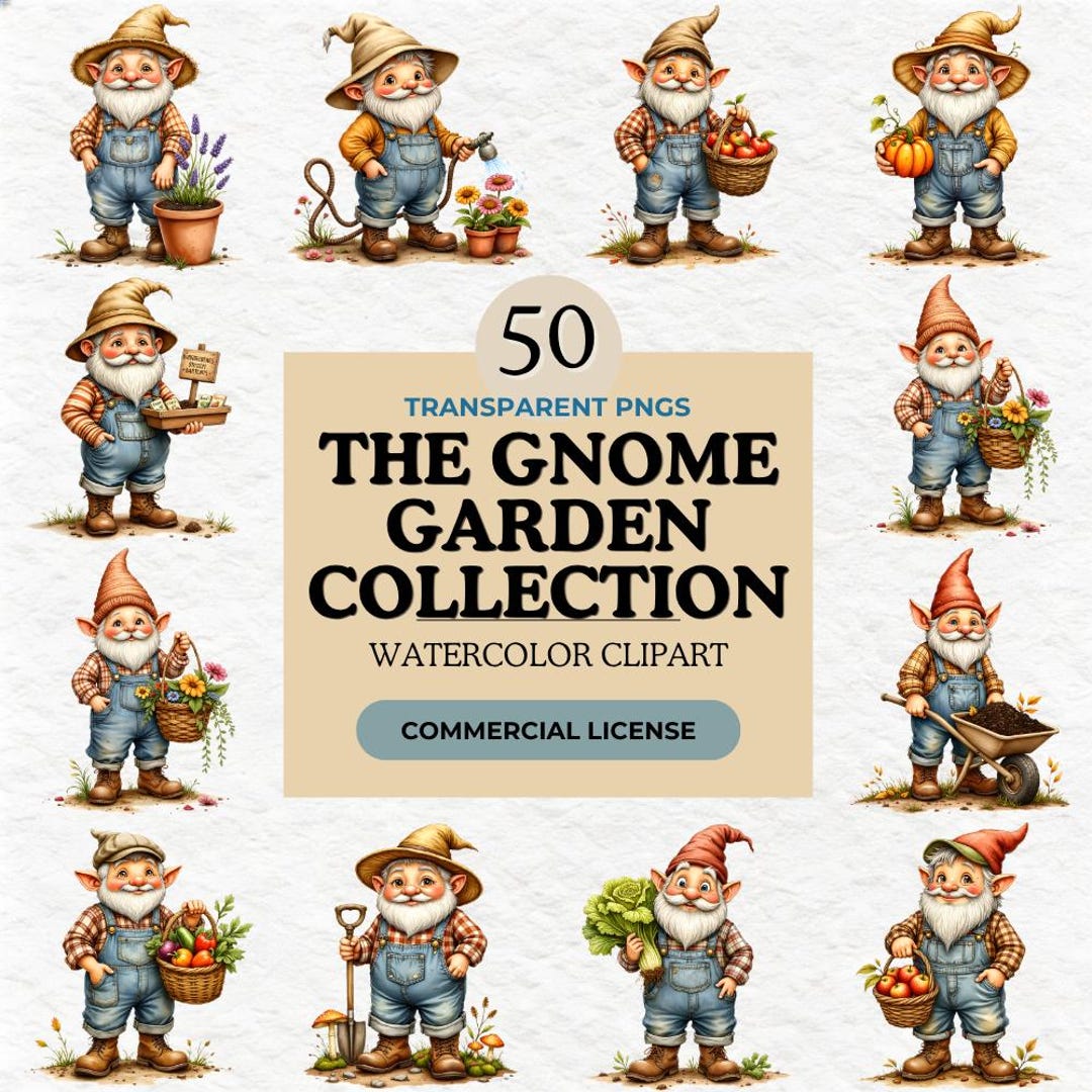 50 Gnome Garden Clipart Bundle, Watercolor Garden Gnomes PNG ...