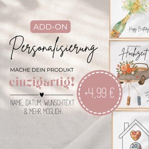 May include: A promotional image with text in German, advertising personalization options. The text includes "ADD-ON", "Personalisierung", and "MACHE DEIN PRODUKT einzigartig!" Additional cards show a champagne bottle and a car with flowers.