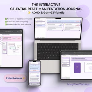 Könnte beinhalten: Das Interactive Celestial Reset Manifestation Journal auf einem Laptop, Tablet und Smartphone. Die Benutzeroberfläche zeigt einen Lunar Ritual Phase Tracker, ein Aesthetic Cosmic Vision Board und Daily Guidance. Der Text enthält ADHD & Gen-Z Friendly.