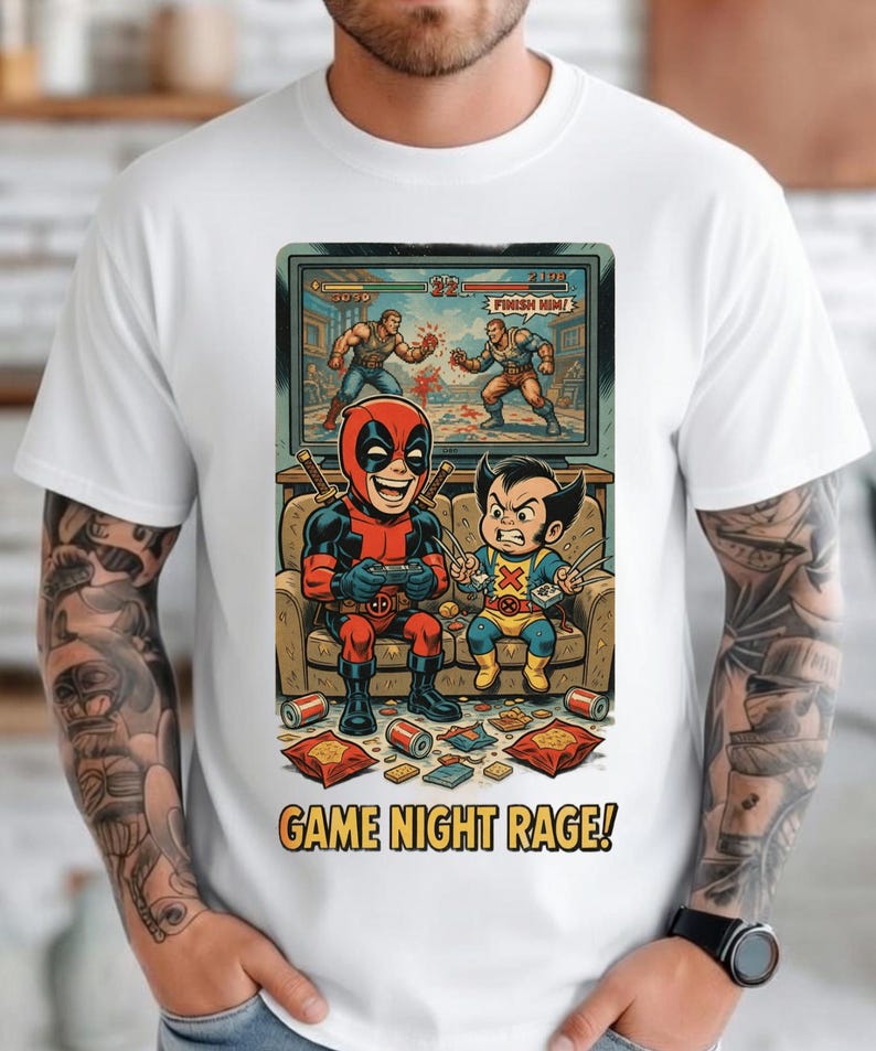 Retro Deadpool Wolverine Game Night-tröja - Rolig Gamer Rage-tröja, Marvel Comics Video Game Night-tröja, Rolig superhjältepresent bild 1