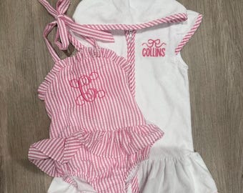 Personalized Seersucker Swimsuit Set + Cover Up | Baby Toddler Girls & Boys | Monogram Swim Outfit | Custom Name Bathing Suit | Beach