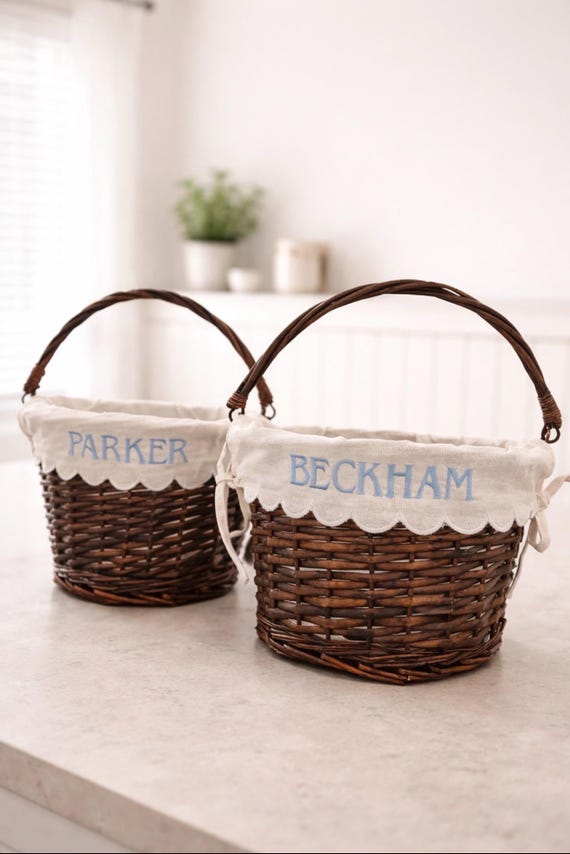 Personalized Easter Basket | custom Easter basket | scalloped basket |  Custom Embroidered Wicker Basket for Kids | Heirloom Spring Decor |