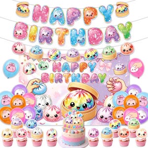 May include: A party decoration set featuring colorful, glittery 'HAPPY BIRTHDAY' banners, a backdrop with a large dumpling illustration, and various balloons and cupcake toppers. Each item displays cute, smiling dumpling characters in vibrant hues.