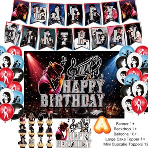 May include: A party decoration set featuring a banner with the text HAPPY BIRTHDAY, a large backdrop with the text HAPPY BIRTHDAY, sixteen balloons, a large cake topper, and twelve mini cupcake toppers, all decorated with images of a performer.