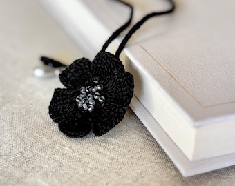 Black Crochet Flower Bookmark, Pearl Pendant, Minimalist Book Lover Gift