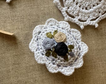Hand embroidered crochet brooch, victorian style floral accessory, handmade design for romantic looks
