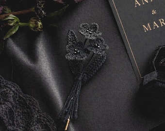 Handmade black wedding boutonniere, gothic groom brooch, crochet flower lapel pin