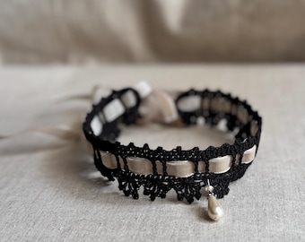 Romantic Black Lace Choker with Pearl Drop and Ivory Ribbon – Victorian Gothic Style