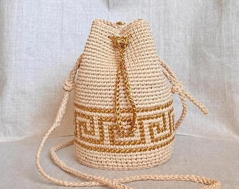 Greek Meander Raffia Bag, Crochet Bucket Purse, Ancient Greece Inspired Crossbody, Mediterranean Summer Bag