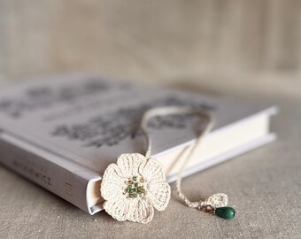 Ivory Crochet Bookmark with Green Pendant — Elegant Reading Gift for Book Lovers
