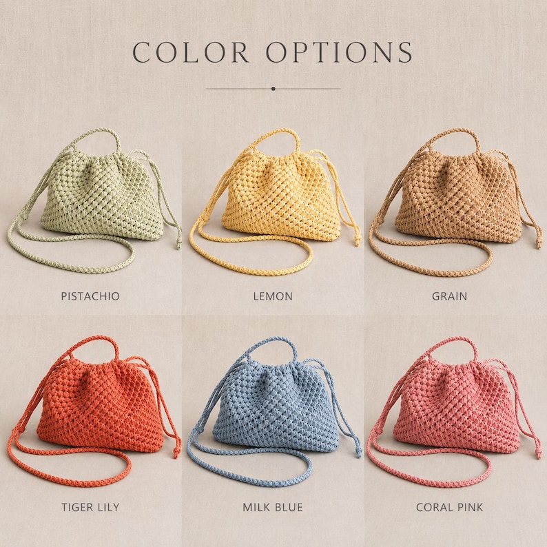 May include: A collection of six crochet drawstring bags in various colors: pistachio, lemon, grain, tiger lily, milk blue, and coral pink. The bags have a woven texture and long, thin straps.