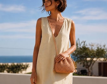 Natural Beige Crochet Raffia Crossbody Bag, Small Summer Purse