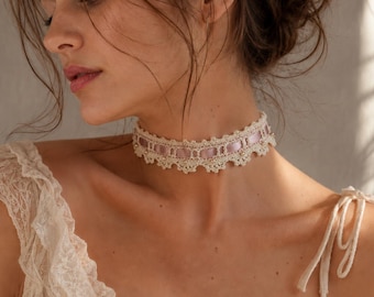 Romantic Ivory Crochet Choker with Pink Satin Ribbon and Pearls, Victorian Inspired Jewelry