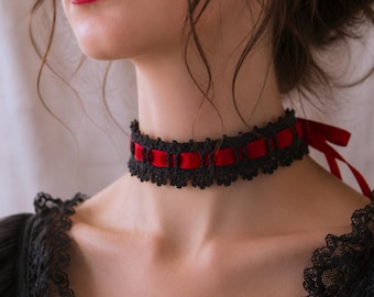 Black and Red Dark Romance Choker, Victorian Inspired Crochet Lace Jewelry with Velvet Ribbon