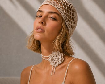 Crochet Mesh Cap with Detachable Flower, 1920s Flapper Lace Beanie, Cotton Linen Blend