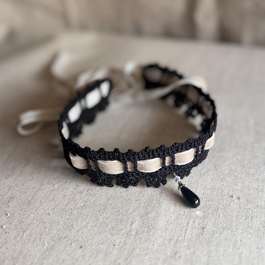 Black Crochet Lace Choker With Champagne Velvet Ribbon, Victorian ...