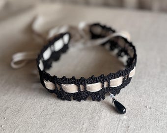Black Crochet Lace Choker with Champagne Velvet Ribbon, Victorian Gothic Pendant Necklace