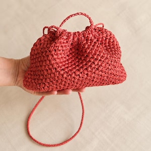 May include: A red woven handbag with a braided handle and a long, thin strap. The bag has a gathered top and a rounded shape. The woven material has a textured appearance, and the bag is held by a hand.