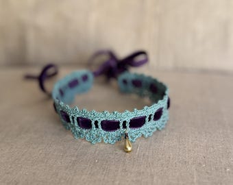 Mint Lace Choker with Violet Velvet Ribbon and Pearl Pendant, Romantic Cottagecore Crochet Necklace