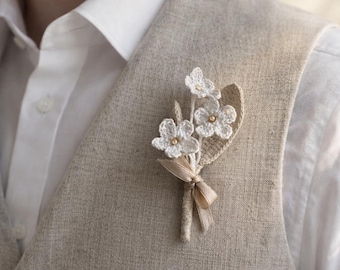 Wedding Boutonniere, Floral Lapel Pin, Groom Buttonhole, Crochet Brooch, Forget Me Not