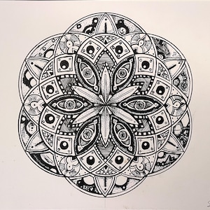 May include: Black and white mandala art piece with intricate geometric patterns. The design features a central flower-like shape with eye motifs, surrounded by detailed circular and square elements. The artwork is signed and numbered.