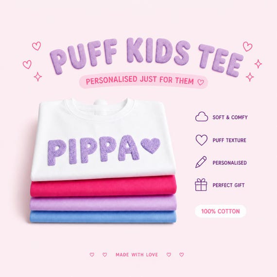 Personalised Kids T-Shirt | Custom Name Puff Print Tee | Children's Name Top