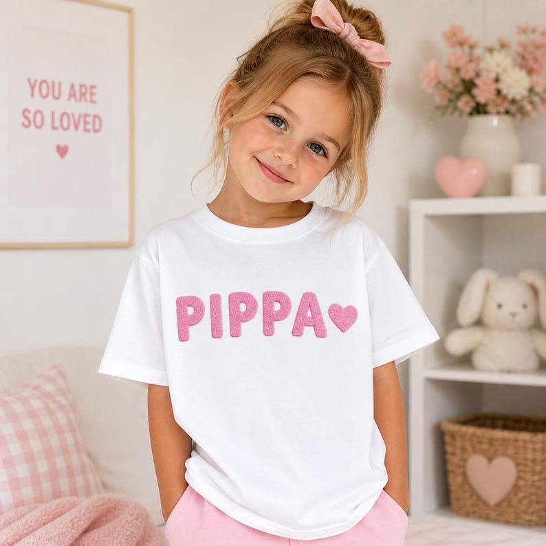 May include: A young girl wearing a white t-shirt with the name "PIPA" in pink letters and a pink heart. The girl is smiling and wearing a pink bow in her hair. The background includes a framed print that says "YOU ARE SO LOVED".