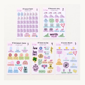 May include: Five rectangular sticker sheets labeled 1 through 5, featuring colorful icons and text related to IVF journeys. Sheet 1 tracks injections, sheet 2 covers appointments, sheet 3 details egg collection, sheet 4 shows transfer steps, and sheet 5 marks milestones.