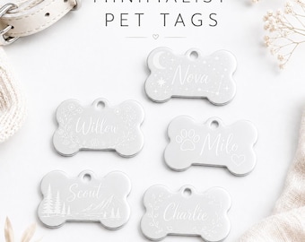 Placa de identificación para mascotas de hueso plateado, grabada con nombre y número de teléfono personalizados, discreta identificación para mascotas.