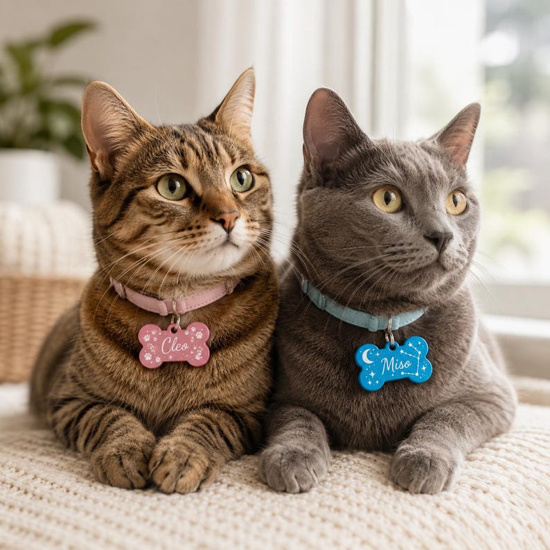 Puede incluir: Un gato atigrado marr&oacute;n con un collar rosa claro y una placa en forma de hueso rosa con el nombre Cleo y un gato gris con un collar azul claro y una placa en forma de hueso azul con el nombre Miso, ambos con dise&ntilde;os de estrellas y huellas.