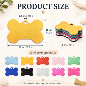 Puede incluir: Una placa de identificaci&oacute;n para mascotas en forma de hueso que mide 38 mm de ancho por 25 mm de alto, con un orificio de 3,3 mm y 1 mm de grosor. La imagen muestra una pila de placas en 10 colores: oro, azul, rojo, rosa, verde, negro, blanco y magenta.