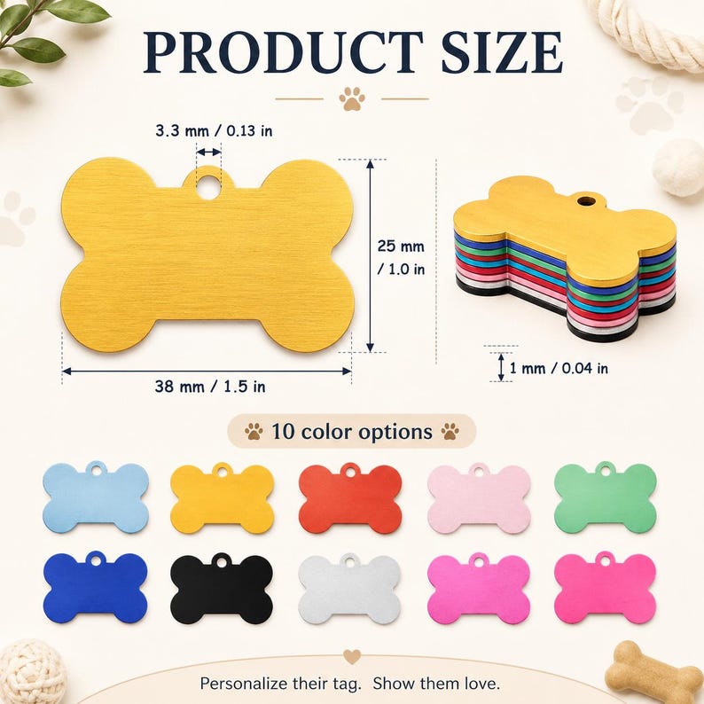 Puede incluir: Una placa de identificaci&oacute;n para mascotas en forma de hueso que mide 38 mm de ancho por 25 mm de alto, con un orificio de 3,3 mm y 1 mm de grosor. La imagen muestra una pila de placas en 10 colores: oro, azul, rojo, rosa, verde, negro, blanco y magenta.
