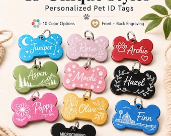 Personalized Bone Pet Tag, Custom Engraved Name, Phone Number, Microchipped Dog Cat Collar ID