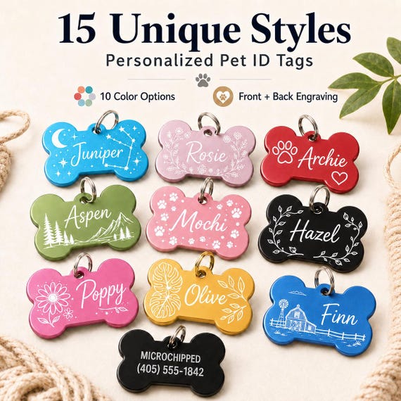 Personalized Bone Pet Tag, Custom Engraved Name, Phone Number, Microchipped Dog Cat Collar ID