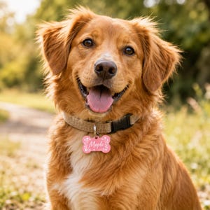 Puede incluir: Un perro de color marr&oacute;n dorado con una mancha blanca en el pecho lleva un collar beige y una placa de identificaci&oacute;n rosa con forma de hueso. La placa tiene un patr&oacute;n floral blanco y el nombre Maple escrito en letra cursiva blanca.