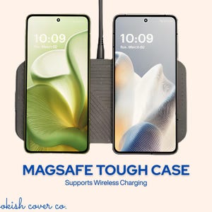 Two smartphones charging on a MagSafe tough case that supports wireless charging.